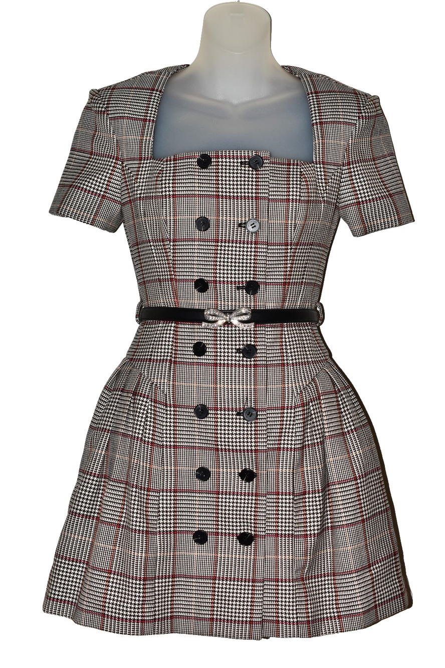 Self-Portrait Plaid Check Mini Dress Crystal Bow Belt US 2 UK 6 NWOT